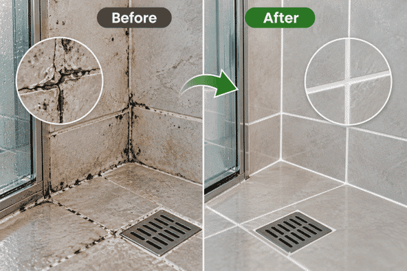 Cracked and damaged shower grout requiring professional repair