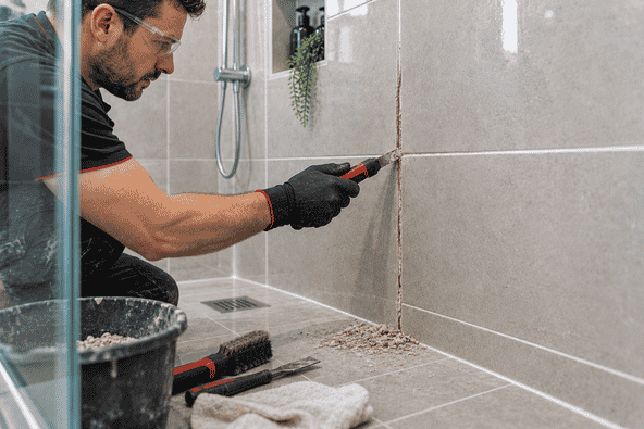 Shower regrouting process with damaged grout removal and surface preparation